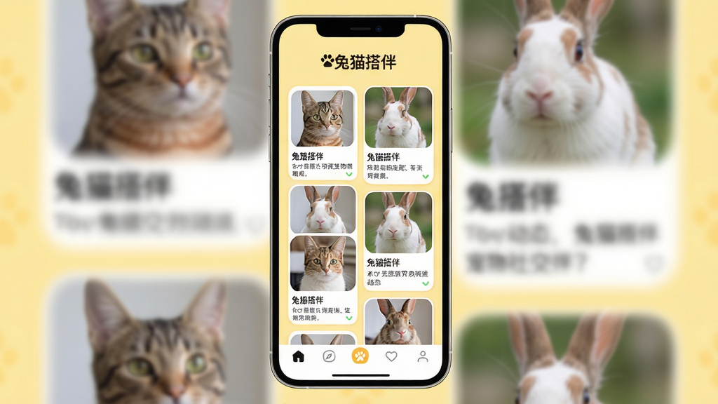 ���壺�ֻ�����չʾ����è��顱�ĳ����罻��ҳ����ʾè������ӵ���Ƭǽ�����֣���Ļ����Ϊ���￨Ƭ�ٲ������ײ��е��������Ű棺��Ƭ�������У�ÿ�ſ�Ƭ��������ͷ���ǳƺͶ�̬���֣���񣺱�ƽ��UI��ƣ�ɫ�����죬����Ϊǳ��ɫ��ϸ�ڣ���Ļ�Ϸ��С���è��顱Logo����Ƭ��ԵԲ�󣻻��ʣ����壬�������࣬�޶���Ԫ�ء�