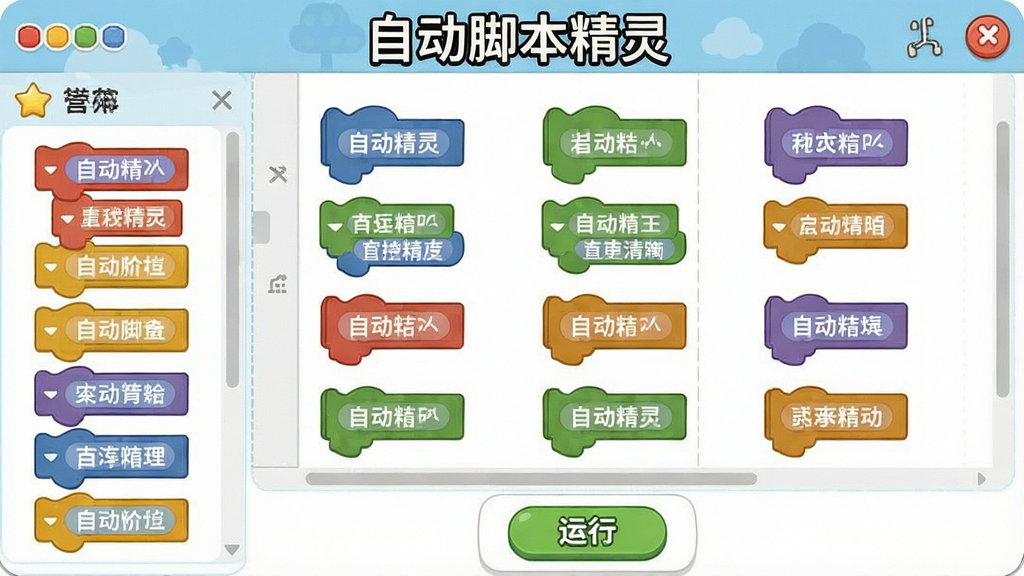 ���壺�Զ��ű�����Ľű��༭�����棬��ʾ��ľʽ����飻���֣���Ļ�����Ǳ༭�������������⣻�Ű棺��ɫ��ľ���������룬ÿ�����������ֱ�ǩ����񣺶�ͯ��̹��߷��ɫ�����ޣ�ϸ�ڣ������С��Զ��ű����顱���⣬�ײ������а�ť�����ʣ��ɾ������������