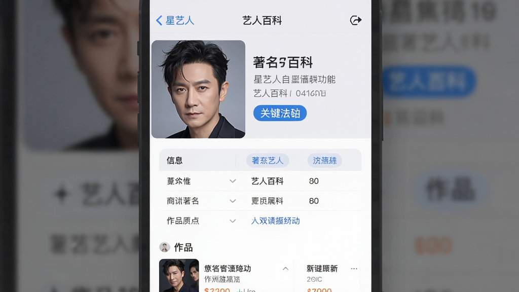 一张展示“星艺人”APP“艺人百科”功能界面的图片,主体为某位著名演员的详情页,上方是高清头像,下方是信息表格和作品列表,布局清晰,配有蓝色高亮的关键信息,整体风格专业整洁,画质干净。