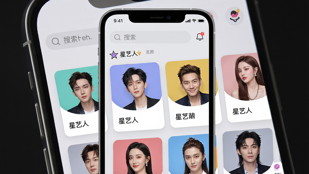一张清晰展示“星艺人”APP在手机屏幕上运行的界面预览图,主体为应用首页,顶部有搜索栏,下方以卡片式布局展示多位知名明星的头像和名字,整体风格现代简约,色彩明快,背景为干净的浅灰色,突出APP的实用与美观,画质高清,无多余元素。