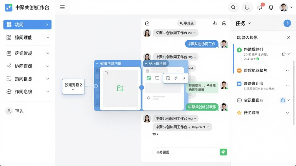 一张中聚共创协同工作台的界面预览图,左侧为功能导航栏,右侧为聊天窗口和任务面板,中间有拖拽调整模块的示意,整体色调清新,界面元素排列整齐,风格专业,画质清晰,干净无多余元素。
