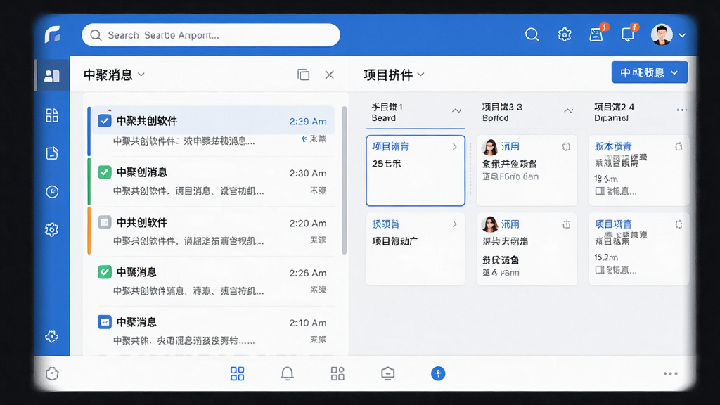 一张展示中聚共创软件主界面的高清截图,界面布局清晰,顶部为搜索栏和功能图标,中部为消息列表和项目看板,底部为导航栏,整体采用蓝白配色,风格简洁现代,UI设计精致,画质清晰,干净无多余元素。