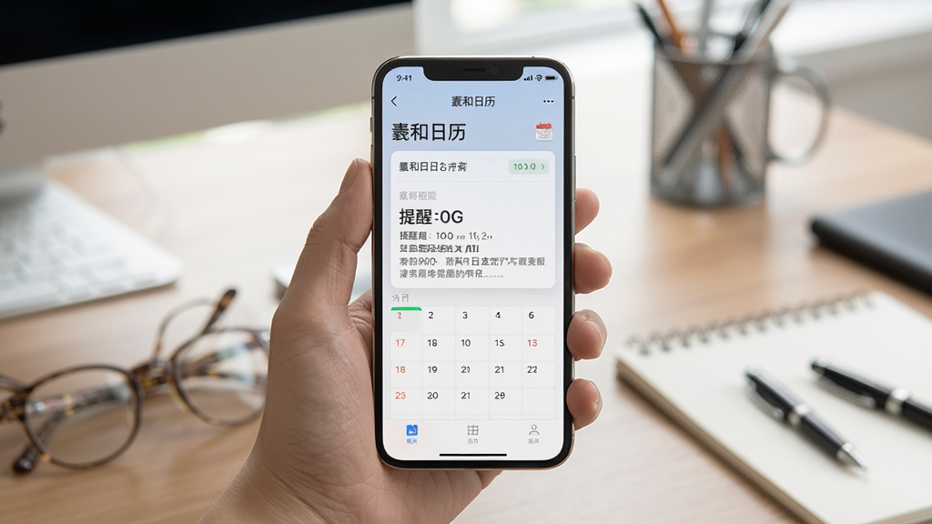 主体:羲和日历使用场景图,一只手拿着手机,屏幕显示日程提醒。布局:手机位于画面中央,背景为办公桌。排版:自然和谐。风格:写实摄影风。细节:屏幕上有“羲和日历”字样及提醒时间。画质:高清,干净,无多余元素。