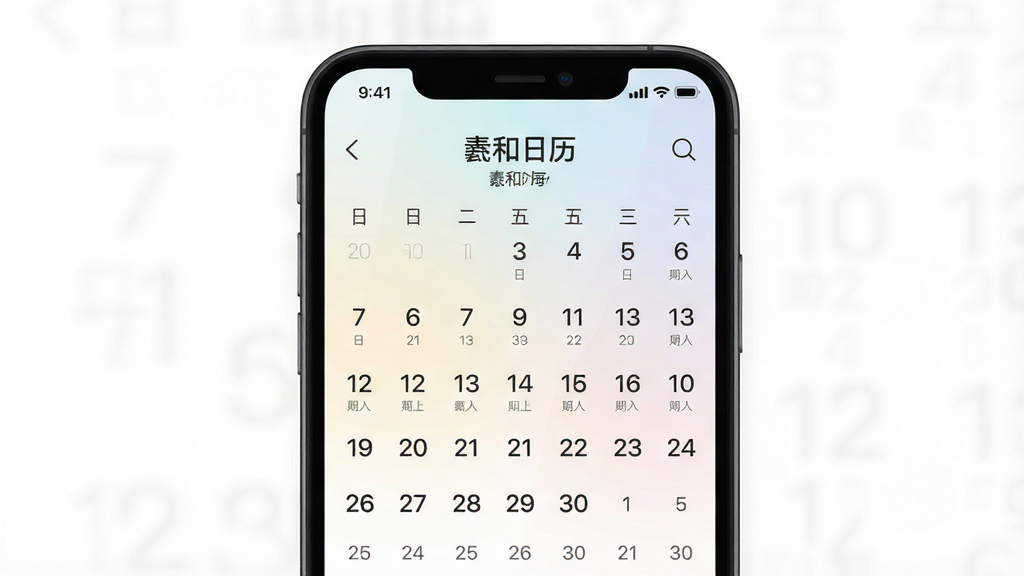 主体:羲和日历应用界面展示,一部智能手机屏幕显示日历主页面,日期数字清晰可见,背景为浅色渐变。布局:手机居中,屏幕内容突出,周围留白。排版:简洁大方,日期网格排列整齐。风格:现代扁平化,色彩柔和。细节:屏幕上有“羲和日历”字样,日期下方有农历小字。画质:高清,干净,无多余元素。