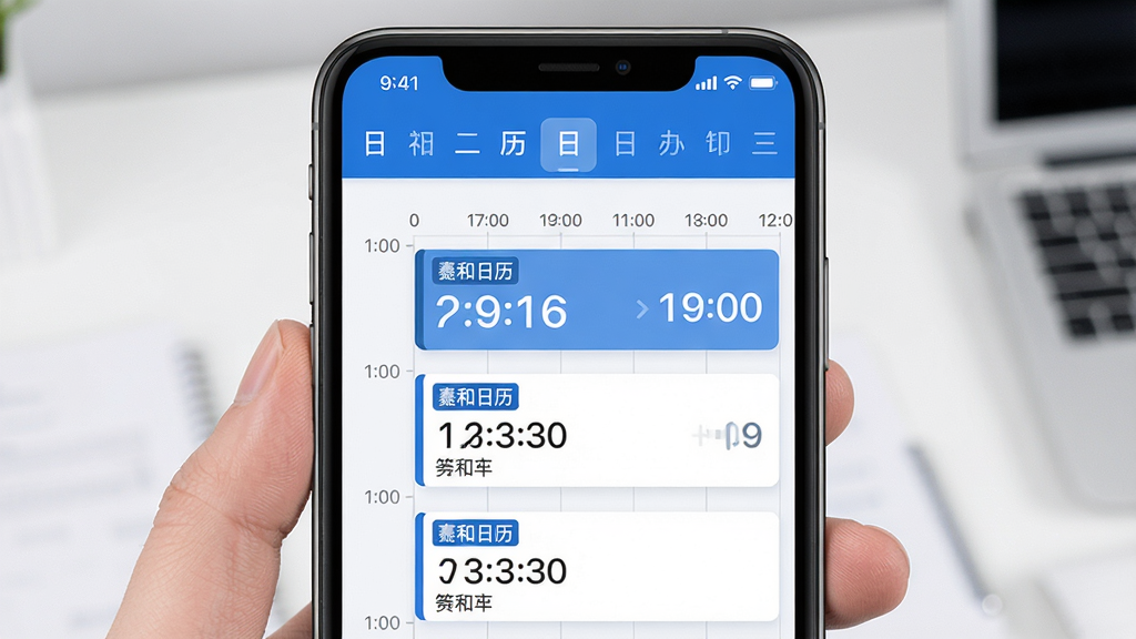 主体:羲和日历日程管理功能界面,手机屏幕上显示日程列表,带有时间轴。布局:屏幕上方为日期选择栏,下方为日程条目。排版:条理清晰,时间与事件对齐。风格:简洁商务风,蓝白配色。细节:日程条目显示“羲和日历”小标识,提醒时间醒目。画质:高清,干净,无多余元素。