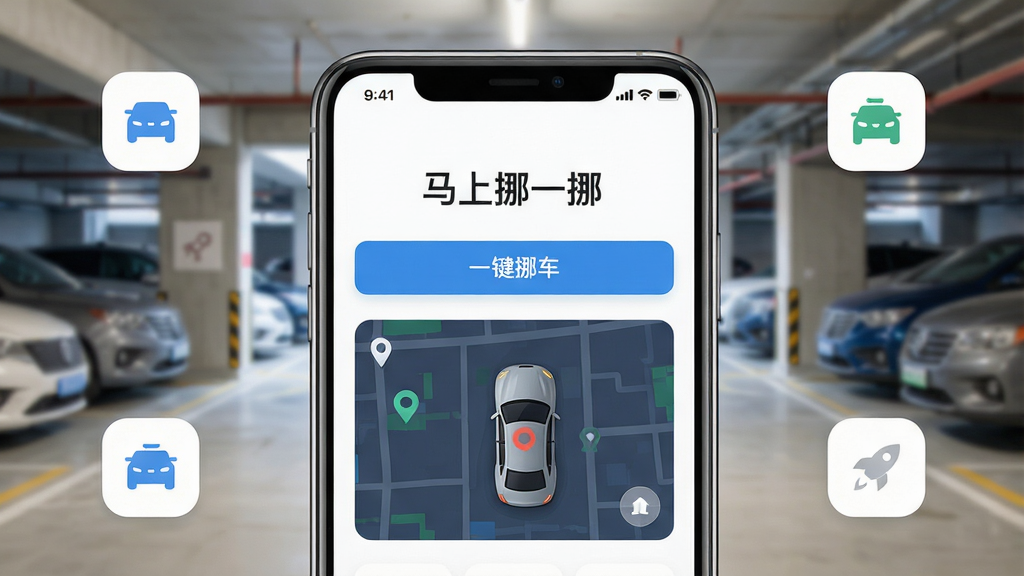 主体:手机屏幕特写,界面显示“马上挪一挪”应用主页面,背景为模糊的城市停车场;布局:手机居中,屏幕内容清晰可见,周围有简约的图标元素点缀;排版:应用界面UI设计现代,功能按钮排列整齐;风格:写实与科技感结合,光线明亮柔和;细节:屏幕中显示“一键挪车”按钮和车辆位置地图;画质:4K超清,干净,无多余元素