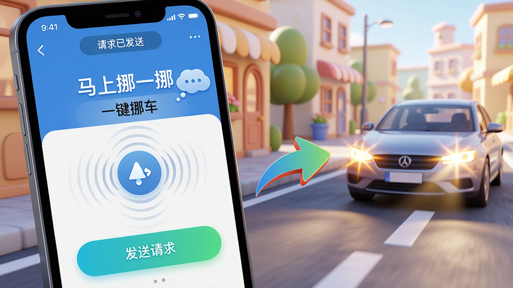 主体:手机界面展示“马上挪一挪”的“一键挪车”功能,正在发送请求;布局:手机占据画面左侧,右侧有动画箭头指向一辆亮灯的汽车;排版:界面按钮高亮,状态栏显示“请求已发送”;风格:动态场景渲染,色彩鲜艳;细节:请求图标带有震动波纹效果,汽车前灯闪烁;画质:高清渲染,干净,无多余元素