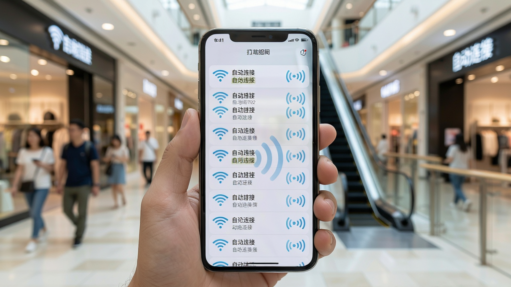 一张wifi万能连接神奇钥匙在商场中使用的场景图,主体是手机屏幕显示扫描到的多个WiFi列表,背景为模糊的购物中心内部环境,布局以手机为中心居中展示,排版突出列表项上的