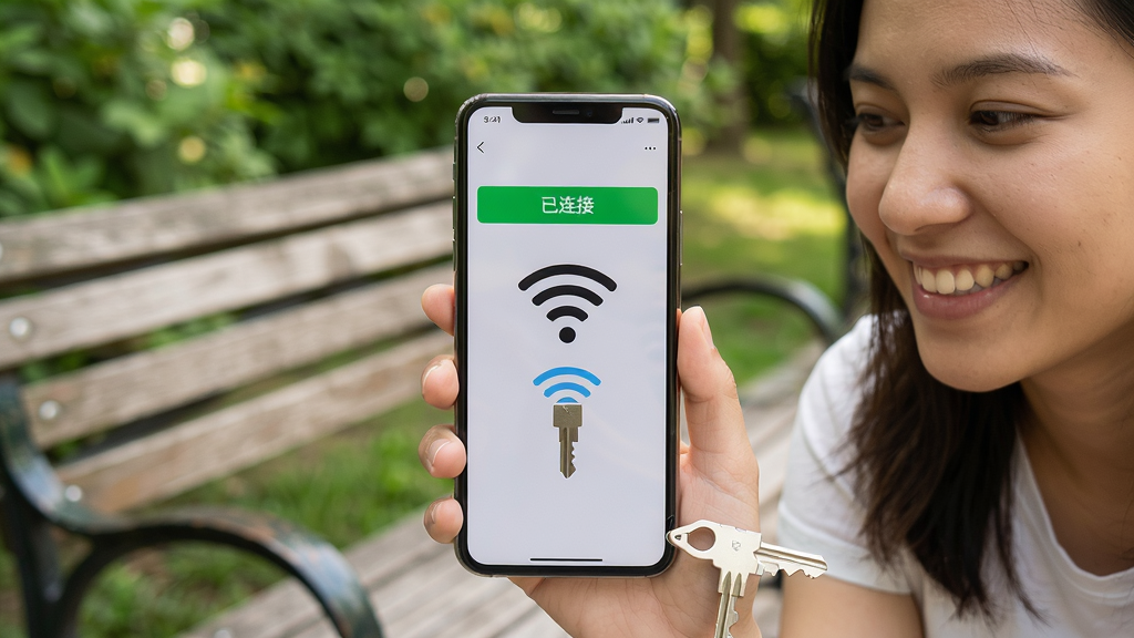 一张wifi万能连接神奇钥匙在户外场景使用的实拍图,主体是用户手持手机连接WiFi成功后的界面,背景为公园长椅和绿植,布局以手机为中心,排版突出屏幕上的
