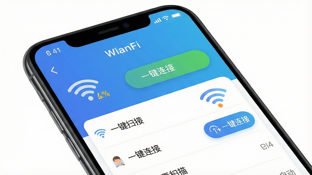 一张展示wifi万能连接神奇钥匙主界面的高清手机截图,主体是应用首页的WiFi扫描列表,上方显示信号强度图标与绿色连接按钮,界面采用蓝白渐变配色,布局整齐,排版清晰,风格现代简约,细节上突出自动连接功能的快捷按钮,整体画质清晰干净,无多余元素,图片中标注文字