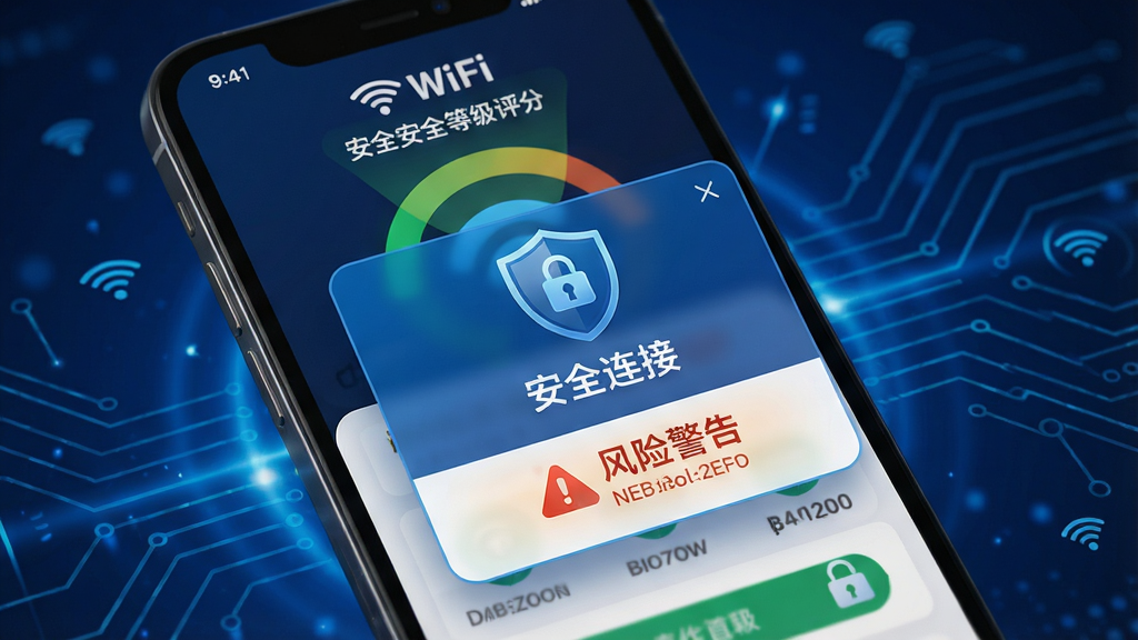 一张展示wifi万能连接神奇钥匙安全检测功能的界面图,主体是手机屏幕上显示WiFi安全等级评分与风险警告弹窗,背景为深蓝色科技感光效,布局以弹窗为中心,排版突出盾牌图标与