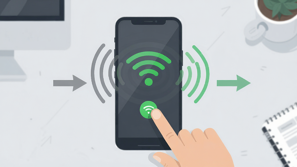 一张wifi万能连接神奇钥匙一键连接过程的动态演示图,主体是手指点击屏幕上的连接按钮,手机屏幕显示WiFi信号从灰色变为绿色,背景为简洁的浅灰色办公桌面,布局以手机为视觉中心,排版用箭头指示连接流程,风格扁平化插画感,细节表现无线波纹扩散效果,画质干净明亮,无多余元素