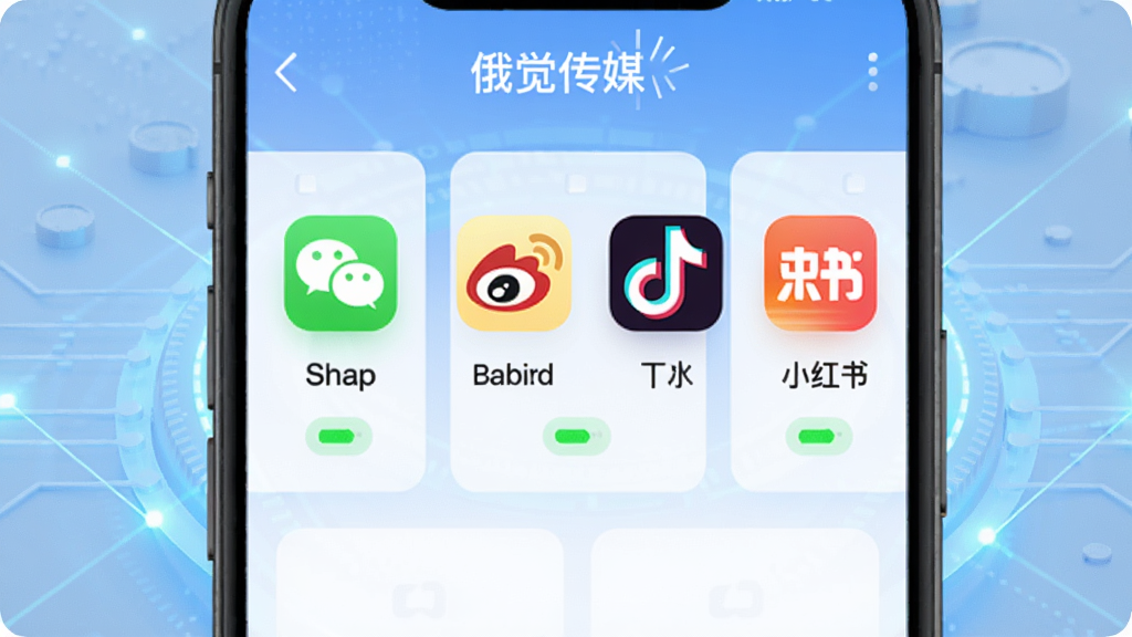 չʾ��������ý��APP�Ķ�ƽ̨�������棬�ֻ���Ļ�ϲ�����ʾ΢�š�΢����������С�����ƽ̨ͼ�꣬ÿ��ͼ���·����˺�״ָ̬ʾ�ƣ�����Ϊ����ɫ�Ƽ��й�Ч��������ÿ�Ƭʽ���֣��Ű����룬������ִ������������ɾ����޶���Ԫ��