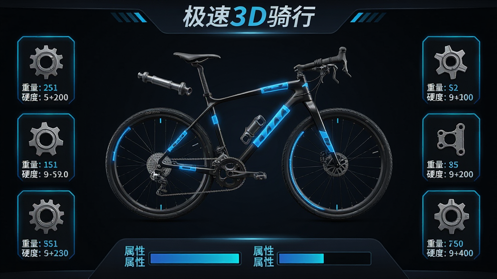 主体:《极速3D骑行》改装车间界面,一辆自行车被拆解展示各部件,周围有零件图标。布局:自行车位于中央,部件图标围绕四周,下方是属性条。排版:界面采用深色科技风格,蓝色高亮显示可改装部位。风格:写实机械风。细节:每个部件有详细参数,如重量、硬度。画质:高清渲染,无多余元素。