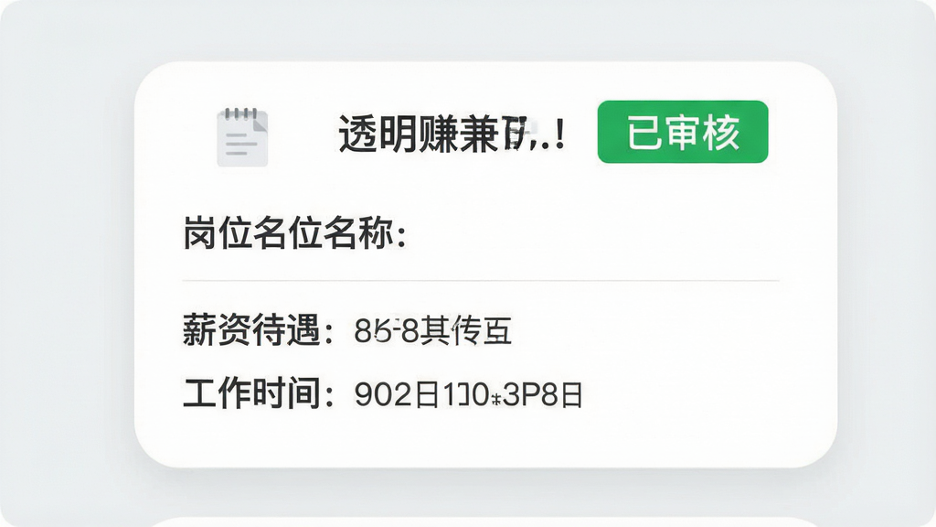 透明赚兼职APP内兼职详情页展示,显示“已审核”绿色标签,岗位名称、薪资待遇、工作时间等信息清晰罗列,背景为浅灰色,卡片式设计,圆角边框,整体风格专业可信,画质干净,无多余元素