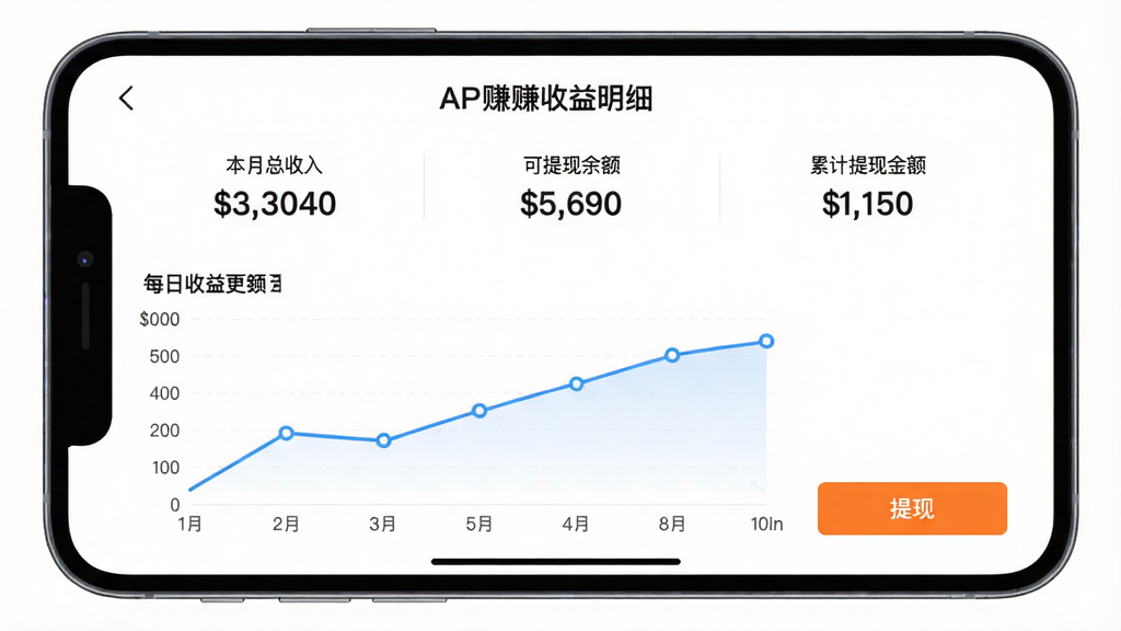 透明赚兼职APP收益明细页面,显示本月总收入、可提现余额、累计提现金额,下方为每日收益折线图,提现按钮为橙色,页面背景为白色,数据图表简洁直观,整体风格商务清晰,画质干净,无多余元素