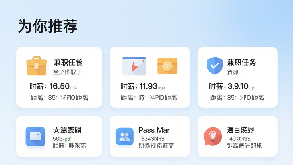 透明赚兼职APP智能推荐界面,顶部显示“为你推荐”字样,下方以卡片形式展示多个兼职任务,每个卡片包含任务图标、标题、时薪和距离,背景为淡蓝色渐变,图标风格扁平化,整体视觉清新,画质高清,无多余元素