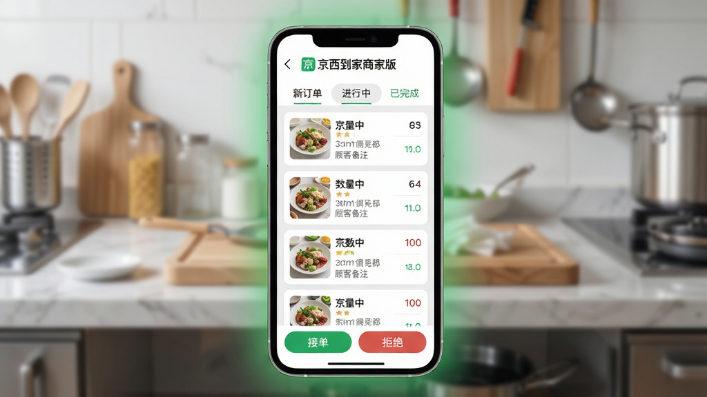 ���壺�ֻ�����չʾ���������̼Ұ涩������ҳ�棬��Ļ�Ϸ��С��¶������������С�������ɡ���ǩҳ�����֣��ֻ����У�������΢������ɫ���Σ�����Ϊģ���ĳ�������̨���Ű棺������Ƭ�������У�ÿ�ſ�Ƭ��ʾ��Ʒ����ͼ���������˿ͱ�ע�����дʵ��UI��ϣ�����ͨ͸��ϸ�ڣ���Ļ������ʾ�����������̼Ұ桱��ɫLogo���ײ��С��ӵ����͡��ܾ�����ť�����ʣ����壬�ɾ����޶���Ԫ��