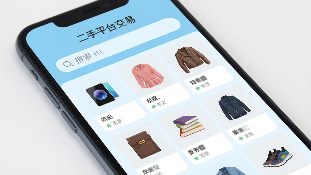 主体为一部亮着屏幕的智能手机,屏幕内显示“二手平台交易”App的清爽主界面,界面顶部有搜索栏,下方是商品瀑布流卡片,包含电子产品、服饰、书籍等图片。整体布局简洁现代,浅蓝色和白色为主色调,扁平化设计风格,画质高清干净,无多余元素。