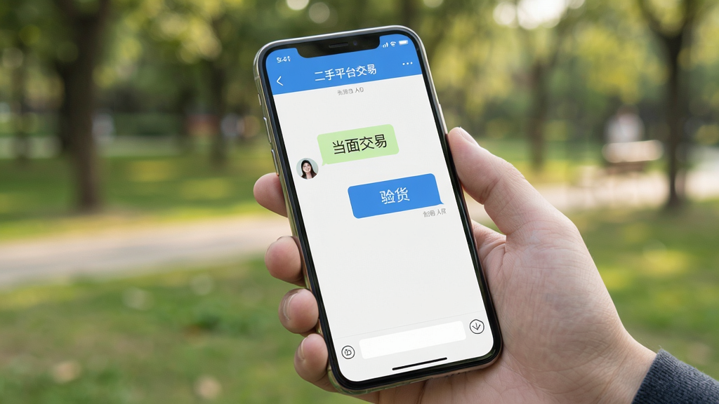 主体为一部手机握在用户手中,屏幕显示“二手平台交易”App的聊天界面,对话框中有“当面交易”和“验货”的快捷按钮。背景为模糊的公园场景,暗示同城面交,整体风格写实自然,光影柔和,画质清晰干净。