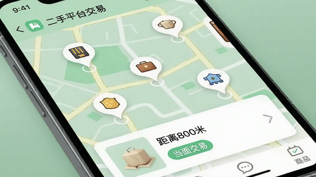 手机地图风格界面展示“二手平台交易”App的附近好物功能,地图上有数个物品图标标记点,底部弹出商品卡片,显示“距离800米”和“当面交易”标签。背景是淡绿色地图网格,UI风格清新,信息层级分明,画质清晰。