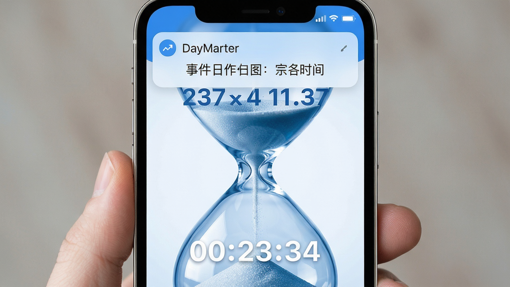 主体:手机屏幕展示倒计时DayMarter的提醒通知界面。布局:通知栏显示事件名称和剩余时间,背景为抽象的时间沙漏图案。排版:通知内容居中,日期突出。风格:清新简约,蓝白主色调。细节:沙漏中沙子缓缓流下,数字日期清晰可见。画质:高清,干净,无多余元素。