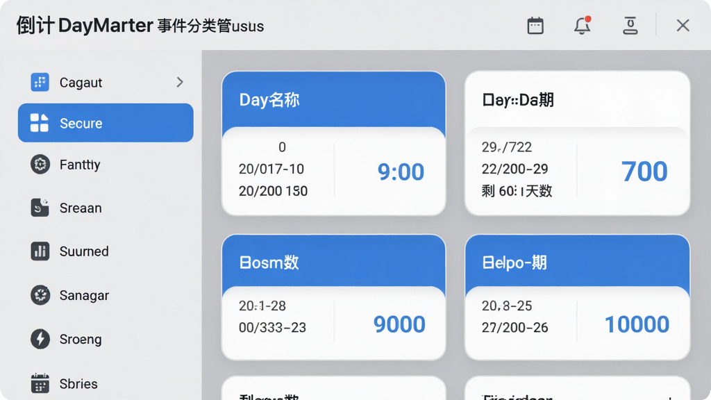 主体:倒计时DayMarter的事件分类管理界面。布局:左侧为分类列表,右侧显示对应事件卡片。排版:卡片式布局,每个事件显示名称、日期和剩余天数。风格:简洁商务风,灰色背景搭配蓝色高亮。细节:分类图标整齐排列,卡片边缘圆润。画质:高清,干净,无多余元素。