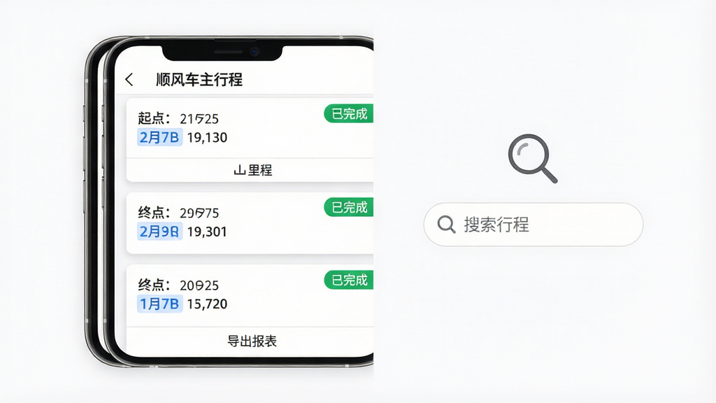 主体:手机横屏展示“顺风车主行程”的行程记录列表页面,列表中有多条行程卡片,每条卡片显示起点、终点、时间与里程。布局:手机位于画面中央偏左,右侧为放大镜图标与“搜索行程”输入框。排版:列表卡片等距排列,文字左对齐,日期与里程用蓝色高亮。风格:简洁商务风,背景为白色,卡片带浅灰色阴影。细节:卡片右上角有绿色“已完成”标签,底部有“导出报表”按钮。画质:高清,干净,无多余元素。