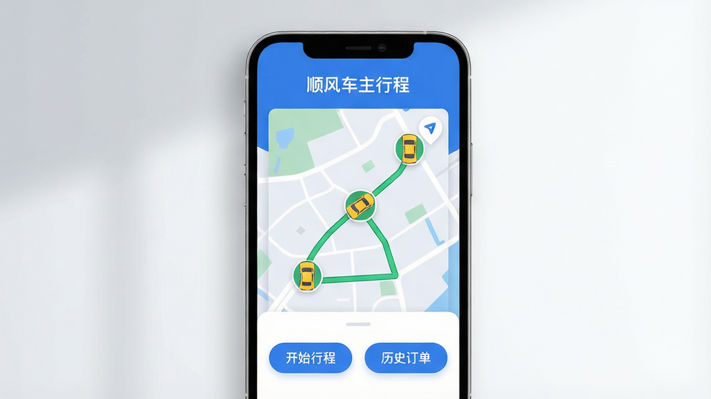 主体:一部智能手机屏幕展示“顺风车主行程”应用主界面,界面顶部显示“顺风车主行程”字样,中间为清晰的地图路线与车辆图标,下方有“开始行程”、“历史订单”按钮。布局:手机居中,背景为浅灰色渐变,左侧有柔和的光影,右侧留白。排版:手机屏幕内容清晰可读,图标简洁。风格:扁平化设计,现代感强,色调以蓝色和白色为主。细节:屏幕中地图路线用绿色线条标示,车辆图标为黄色小车,按钮为蓝色圆角矩形。画质:高清渲染,干净,无多余元素。