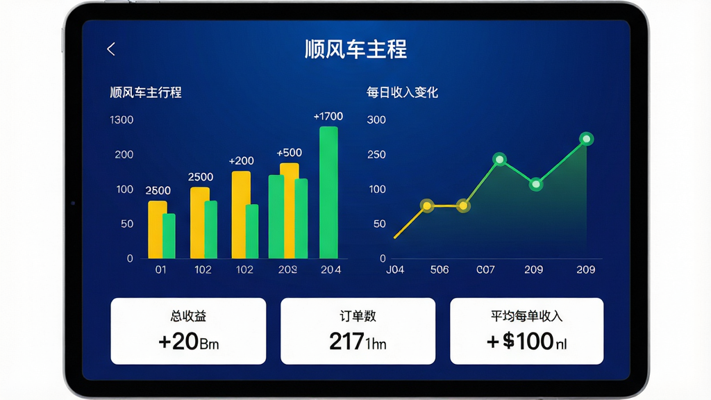 主体:平板电脑展示“顺风车主行程”的收益统计页面,页面中有柱状图与折线图,显示每日收入变化。布局:平板居中,背景为深蓝色渐变,图表用亮黄色与绿色表示。排版:图表下方有数据摘要卡片,显示总收益、订单数、平均每单收入。风格:数据可视化风格,色彩鲜明。细节:柱状图顶部标有具体数字,折线图节点有圆点标记。画质:高清,干净,无多余元素。