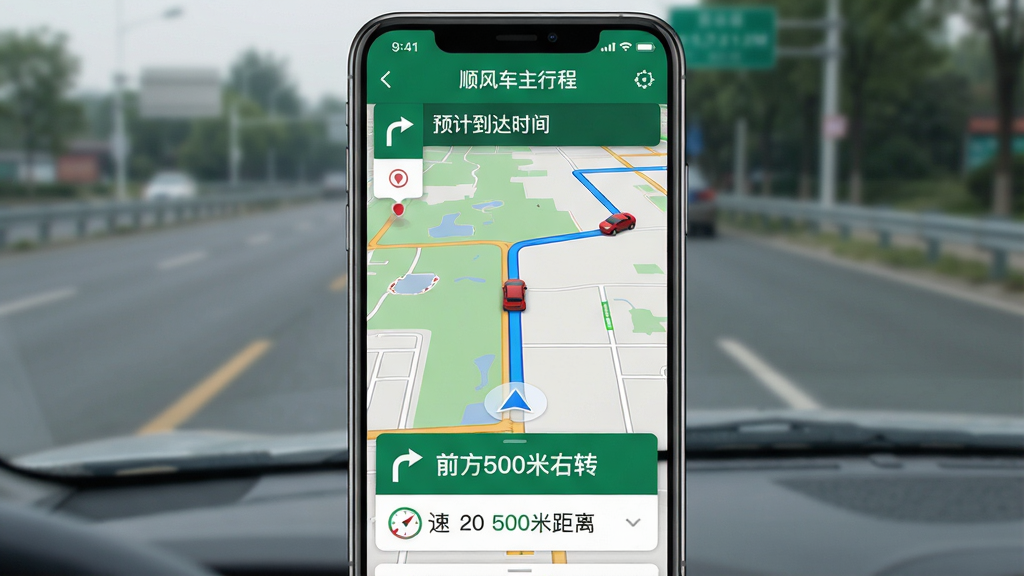 主体:手机屏幕显示“顺风车主行程”的导航界面,地图上有一条蓝色路线,底部有速度与距离提示。布局:手机居中,背景为道路实景模糊效果。排版:导航提示卡片位于屏幕底部,显示“前方500米右转”。风格:写实风格,地图色彩真实。细节:路线旁有红色小汽车图标,顶部有“预计到达时间”显示。画质:高清,干净,无多余元素。
