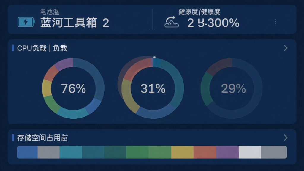 蓝河工具箱设备体检页面,顶部显示电池温度与健康度百分比,中部为彩色环形图表展示CPU负载,底部为存储空间占用色块,UI采用深蓝底色,数据字体清晰,排版专业,画质干净