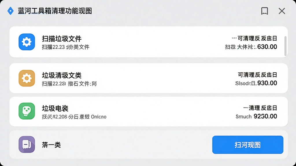 蓝河工具箱清理功能视图,界面呈现扫描后的垃圾文件分类列表,每个类别前有彩色图标,右侧显示可清理大小,背景为浅灰色,卡片式设计,按钮醒目,风格清爽,细节丰富,画质干净