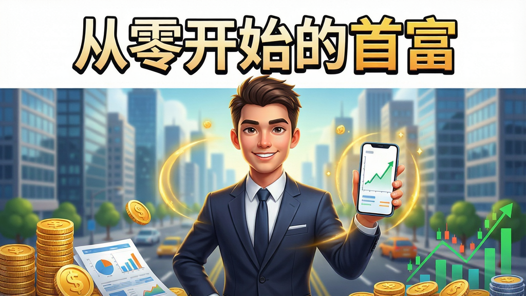 主体:一位西装革履的年轻创业者站在现代城市高楼大厦前,俯瞰繁华街道,身边堆满金币和财务报表。布局:人物居中,背景为城市天际线,上方留白区域展示游戏标题“从零开始的首富”,下方展示金币与股票图表元素。排版:画面层次分明,人物前景清晰,城市背景虚化,标题醒目。风格:写实与卡通结合,色彩明亮,积极向上。细节:人物面带自信微笑,手中拿着智能手机,屏幕上显示资产增长曲线,周围有金色光效。画质:高清渲染,干净无多余元素。