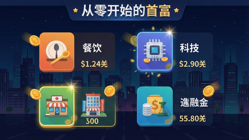 主体:游戏内产业选择界面,展示餐饮、科技、房地产、金融四个图标。布局:四个图标均匀分布,每个图标下方有对应的建筑小图和收益数字,背景为城市夜景。排版:界面清晰,图标大小适中,色彩区分明显。风格:现代扁平化UI设计,色彩鲜艳。细节:每个图标上有金币飘动效果,选中时发光,顶部有“从零开始的首富”字样。画质:高清,干净整洁。