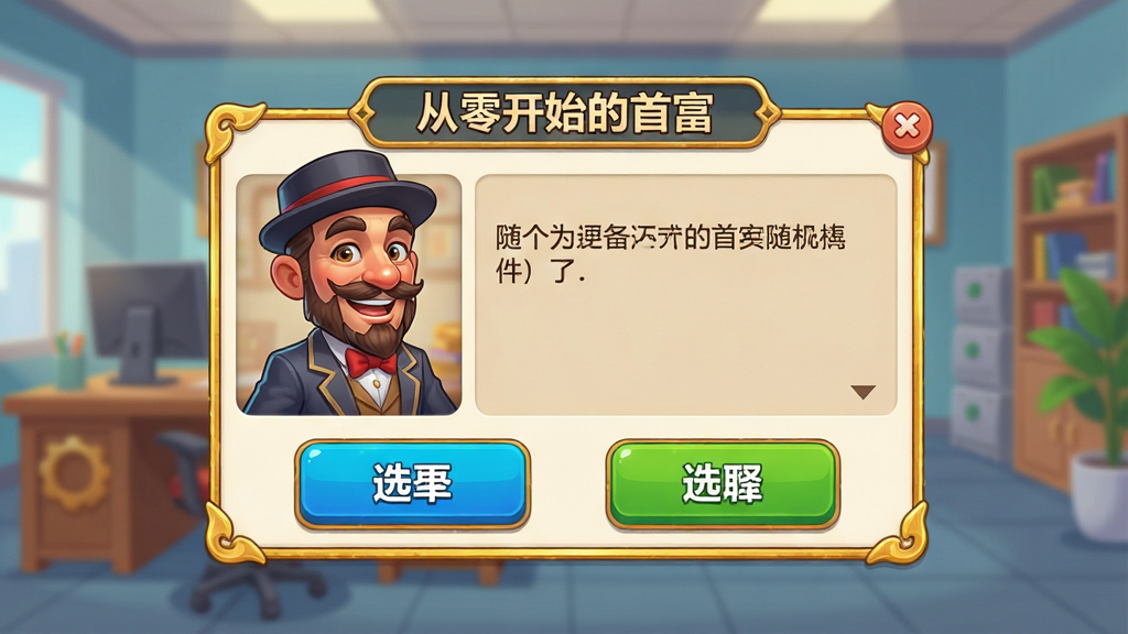 主体:游戏内随机事件弹窗,一位商人形象的角色正在与玩家对话。布局:弹窗居中,背景为模糊的办公室场景,下方有两个选择按钮。排版:对话文字清晰,按钮醒目。风格:卡通渲染,色彩明亮。细节:商人表情丰富,弹窗边框有金色装饰,顶部有“从零开始的首富”随机事件字样。画质:高清,干净。