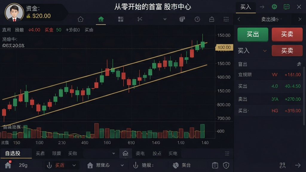 主体:游戏内股市交易界面,显示K线图和买卖按钮。布局:主屏为K线图,右侧为买入/卖出操作面板,下方有自选股列表。排版:数据清晰,图表流畅,操作按钮醒目。风格:专业金融软件风格,深色背景搭配红绿数据。细节:K线图上有金色趋势线,顶部显示“从零开始的首富”股市中心,用户头像和资金余额在左上角。画质:高清,无多余元素。