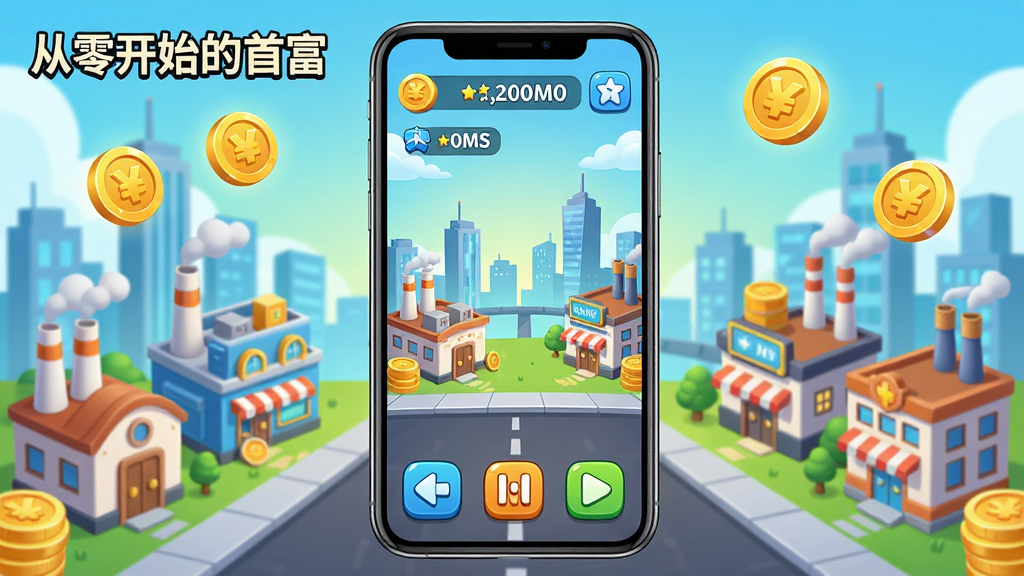 主体:手机屏幕上显示游戏主界面,周围有各种产业建筑和金币图标。布局:手机居中,屏幕内容清晰,下方有操作按钮。排版:界面友好,色彩鲜艳。风格:现代卡通风格。细节:屏幕左上角显示“从零开始的首富”字样,金币数量在顶部,背景为城市风景。画质:高清,干净。
