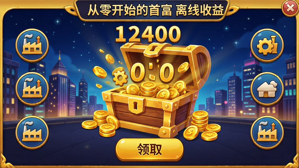 主体:游戏内离线收益结算界面,显示金币堆和收益数字。布局:中央为金币宝箱,四周环绕产业图标,下方为领取按钮。排版:视觉效果华丽,数字跳动动画。风格:卡通奢华风格,金色主调。细节:宝箱打开后金币喷涌,顶部有“从零开始的首富”离线收益字样,背景为繁华城市夜景。画质:高清,明亮干净。