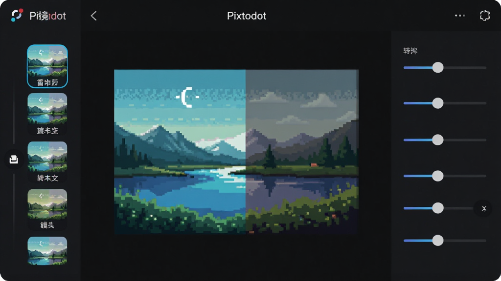 Pixtodot 软件主界面预览,一款现代简约风格的手机应用,界面中央展示一张被转化为像素艺术风格的风景图片,左侧是滤镜效果选择栏,右侧是参数调节滑杆,整体布局清爽,配色以深色为主,高亮显示转换前后的对比效果,UI设计干净,无多余元素,画质清晰