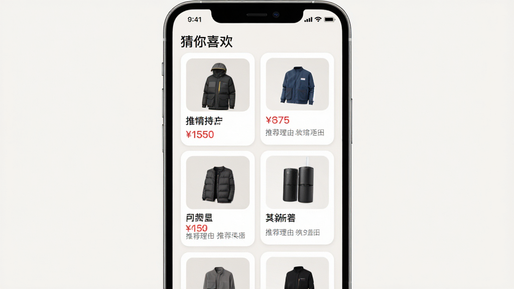 ���壺�ֻ���Ļ��ʾ�¿���������ϲ�����Ƽ��б������������Ʒ��Ƭ��ÿ����Ʒ��ͼƬ�����ơ��۸���Ƽ����ɡ����֣��ֻ����У���Ļ���ݴ�ֱ���С��Ű棺��Ϣ����ʽ����ƬԲ����ƣ������ȡ���񣺼�Լ�ִ�����ɫ������ͻ����Ʒ��ϸ�ڣ���ƷͼƬ�������۸��ú�ɫ��ע���Ƽ������û�ɫС�֡����ʣ����壬�ɾ����޶���Ԫ�ء�