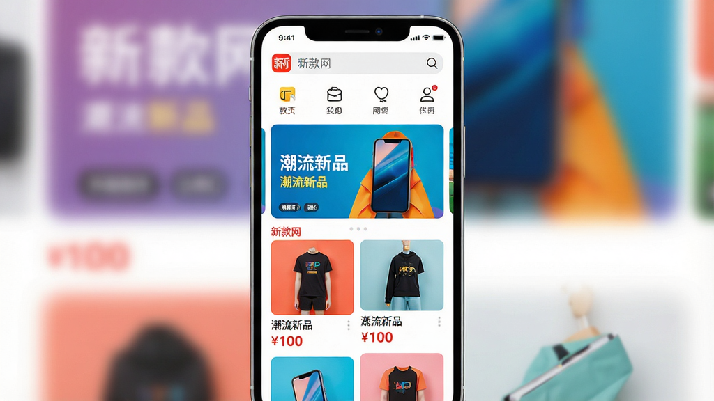 ���壺һ�������ֻ���Ļ��ʾ�¿���App��ҳ��ҳ�涥�����������ͷ���ͼ�꣬�в��Ǵ����Ʒ�������·����ٲ�����Ʒ��Ƭ�����֣��ֻ����У���Ļ���������ɼ����������ס��Ű棺��Ʒ��Ƭ�������£�ɫ�����죬����������ִ�����񣺱�ƽ��UI��ƣ�����App��񣬸߱��Ͷ�ɫ�ʡ�ϸ�ڣ���Ļ����ʾ���¿�����Logo�͡�������Ʒ����������ƷͼƬ�������۸��ǩ��Ŀ�����ʣ�4K���壬�ɾ����޶���Ԫ�ء�