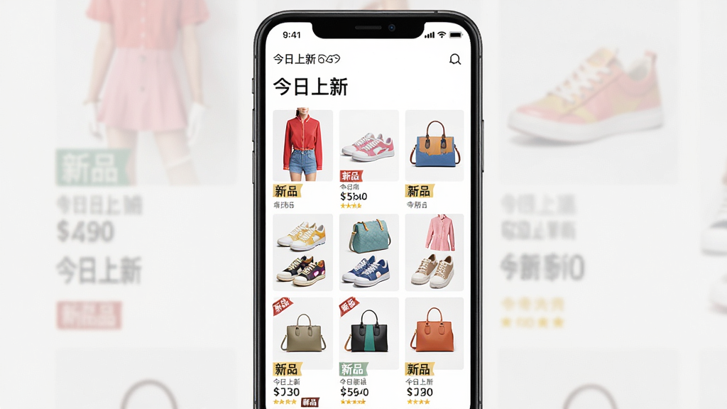���壺�ֻ���Ļ��չʾ�¿������������¡�ҳ�棬���������ں͡��������¡����⣬�·�������״���е���ƷͼƬ��ÿ��ͼƬ�·���ʾ�۸�͡���Ʒ����ǩ�����֣��ֻ��������У�����Ԫ���������Ű棺���񲼾֣���������ͼƬ��Сһ�¡�����������죬���̷��ͻ����Ʒ��ϸ�ڣ���ƷͼƬ������װ��Ь�ӡ������ȣ���ɫ���ޣ���ǩ��Ŀ�����ʣ����壬�ɾ����޶���Ԫ�ء�