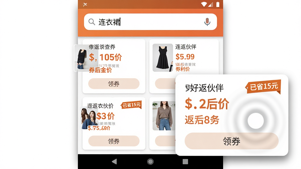 ���壺�÷����App��������ȯ���ܽ��棬���������������롰����ȹ�����·��Կ�Ƭ�б���ʽչʾ�����Ʒ��ÿ�ſ�Ƭ������Ʒ����ͼ���۸�ȯ��ۺͷ���������һ�ſ�Ƭ���Ŵ�ͻ����ʾ���Ա��С���ʡ15Ԫ����ǩ�����֣������ͼ����չʾ����������΢��Ӱ���Ŵ�Ƭλ�ڽ������·����γ��Ӿ����㡣�Ű棺��Ƭ�����������񲼾֣���Ϣ�㼶�������۸�ͷ�������ó�ɫ�Ӵ����塣���дʵUI��ͼ��񣬽������Android��ƹ淶��״̬�������ⰴ���ɼ���ϸ�ڣ�����������������ͼ�꣬��Ƭ�ײ��С���ȯ����ť��ͻ����ʾ��Ƭ���в��ƹ�Ч�����廭��ɾ��޶���Ԫ�ء����ʣ��߱���UI��Ⱦ�����ؼ��������޶���Ԫ�ء�