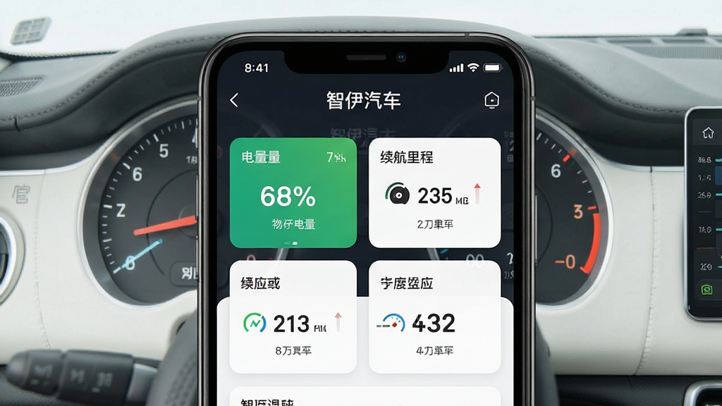 一张展示智己汽车APP车况监测功能的图片,主体为手机屏幕中的车况监测界面,包含电量百分比、续航里程、胎压数值等数据卡片,背景为简约的仪表盘图案,布局清晰,排版直观,风格科技感,细节丰富,画质清晰,干净无多余元素,屏幕上方显示“智己汽车”字样。
