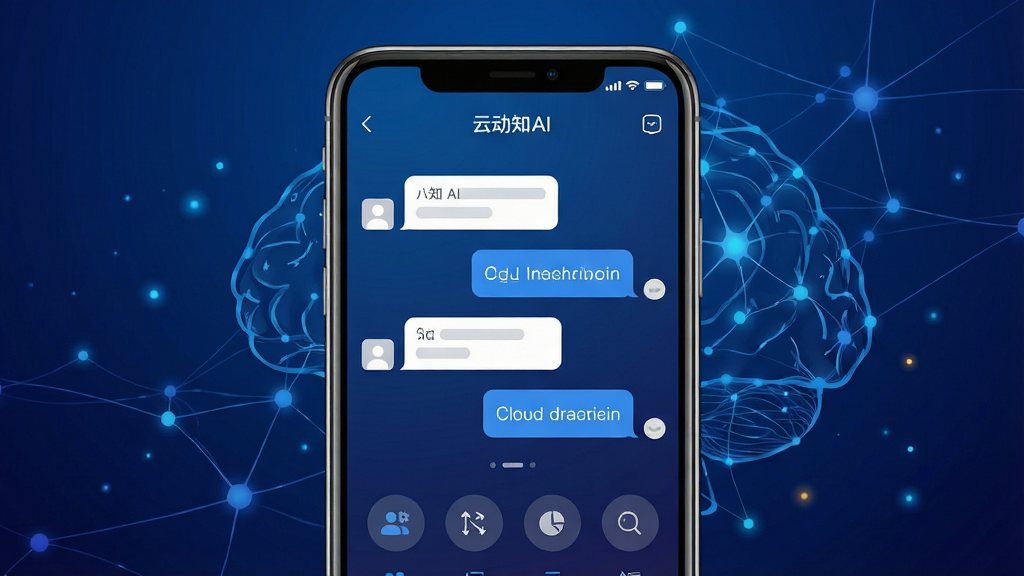 一幅现代科技感的应用界面预览图,主体为手机屏幕展示云知AI对话界面,布局居中,背景为深蓝色渐变与抽象神经网络线条,排版简洁,风格扁平化,细节包含聊天气泡与快捷功能图标,画质高清干净,无多余元素