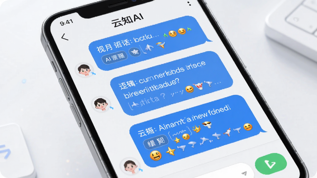 展示云知AI智能对话场景,主体为手机界面上的多轮聊天记录,布局采用上下对话流,风格清新明亮,细节突出AI回答的逻辑性与丰富表情符号,画质细腻,干净无多余元素