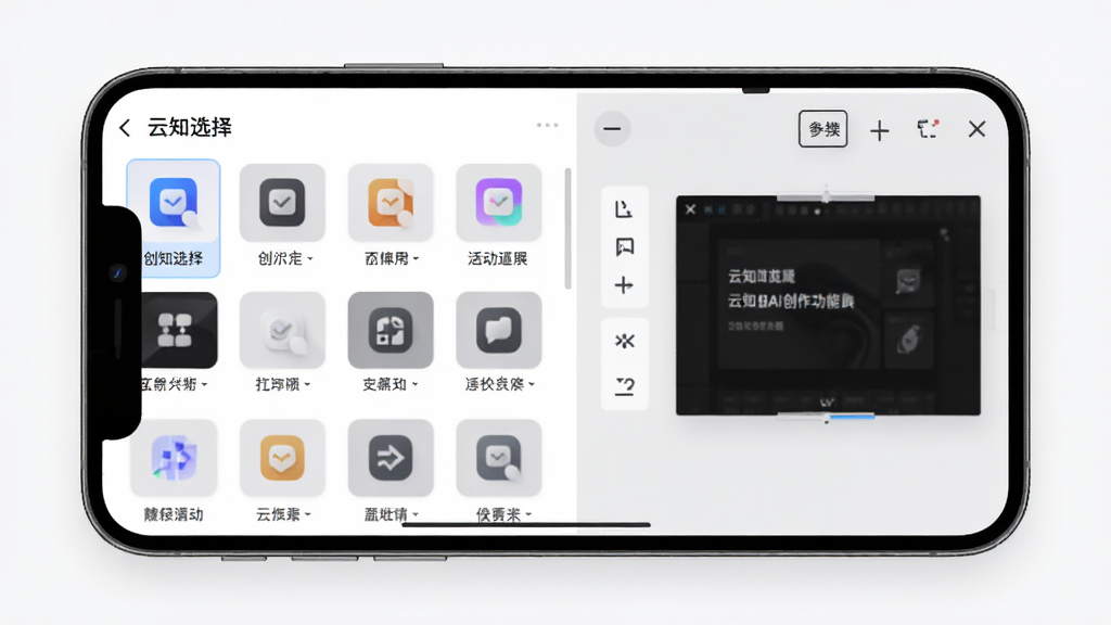 展示云知AI创作功能界面,主体为手机屏幕上的模板选择列表与编辑区域,布局左右分栏,风格简约商务,细节显示各类创作分类图标,画质锐利,背景干净,无多余装饰