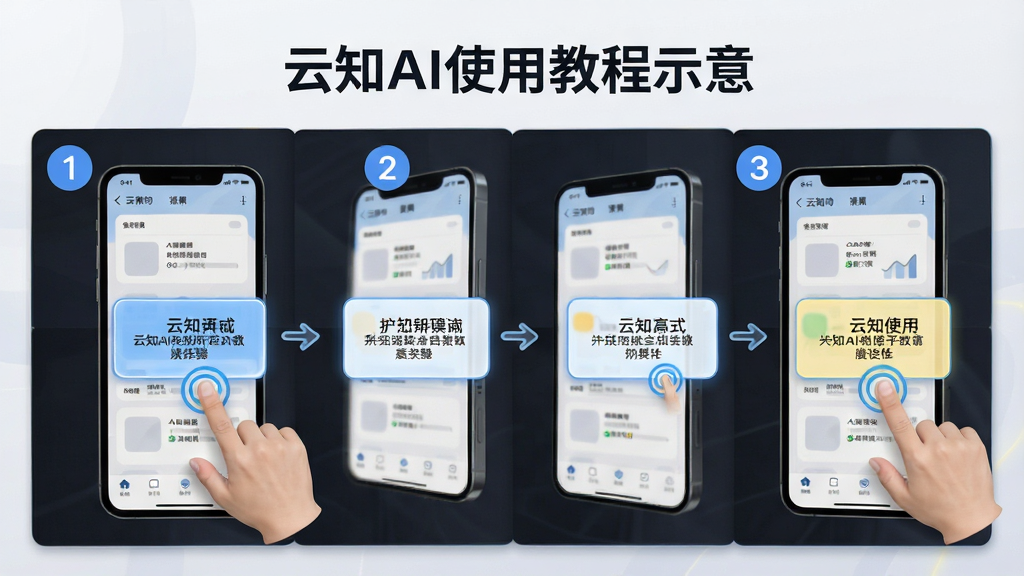 展示云知AI使用教程示意图,主体为手机界面操作步骤分解图,布局采用步骤序号排列,风格简洁教学风,细节包含手指点击动画与高亮提示框,画质清晰,干净无多余元素
