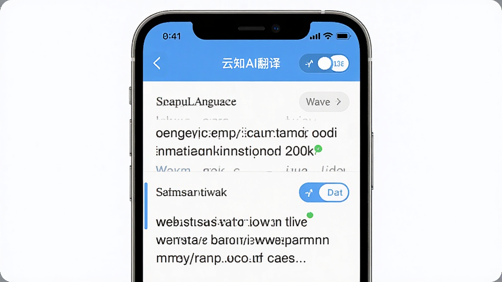 展示云知AI翻译功能,主体为手机屏幕上的双语对照界面,布局上下双栏,风格简洁明快,细节包含源语言与目标语言切换按钮,画质清晰,干净无多余元素